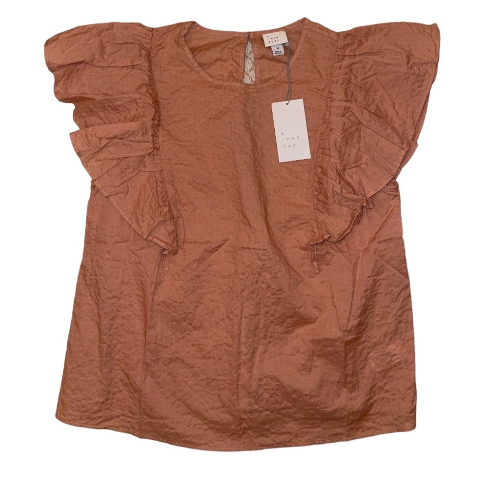 A new day NWT Target brown tan ruffle shoulder blouse women’s size M
